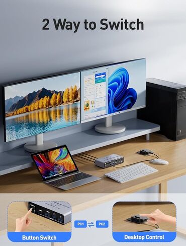 HDMI شاشة مزدوجة KVM Switch 2 جهاز كمبيوتر 2 شاشتين تدعم 4K 60 هرتز، محاكيات EDID KVM Switcher لجهازي كمبيوتر يشاركان الشاشات المزدوجة و3 منافذ USB 3.0 مع ميكروفون صوتي، وضع ممتد ومرآة in Kuwait