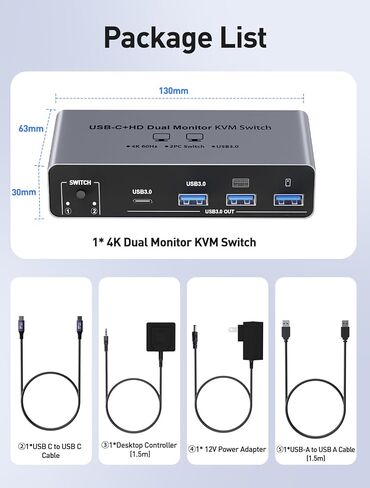HDMI شاشة مزدوجة KVM Switch 2 جهاز كمبيوتر 2 شاشتين تدعم 4K 60 هرتز، محاكيات EDID KVM Switcher لجهازي كمبيوتر يشاركان الشاشات المزدوجة و3 منافذ USB 3.0 مع ميكروفون صوتي، وضع ممتد ومرآة in Kuwait