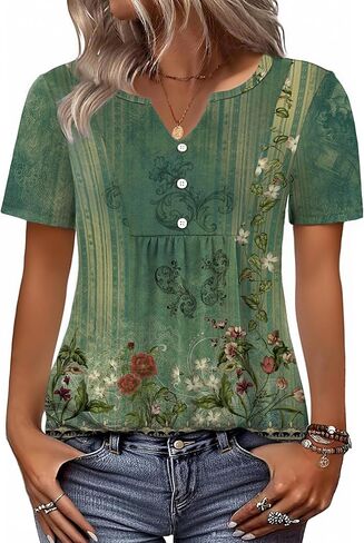 Zeagoo Womens Short Sleeve Tops Summer Henley V-Neck Tshirts Casual Pleated Blouse Dressy Loose Floral Basic Tee in Kuwait