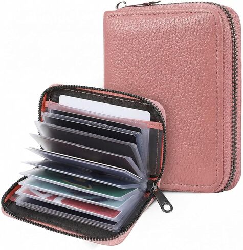 Credit Card Holder for Women Men, PU Faux Leather Debit Card Wallet, RFID Blocking Secure Cards Case, ID Case Organizer Zipper Wallet, Holds Upto 20 Credit for ID, Bank, Business (Pink) in Saudi Arabia