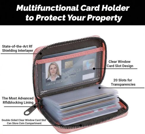 Credit Card Holder for Women Men, PU Faux Leather Debit Card Wallet, RFID Blocking Secure Cards Case, ID Case Organizer Zipper Wallet, Holds Upto 20 Credit for ID, Bank, Business (Pink) in Saudi Arabia