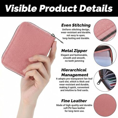 Credit Card Holder for Women Men, PU Faux Leather Debit Card Wallet, RFID Blocking Secure Cards Case, ID Case Organizer Zipper Wallet, Holds Upto 20 Credit for ID, Bank, Business (Pink) in Saudi Arabia