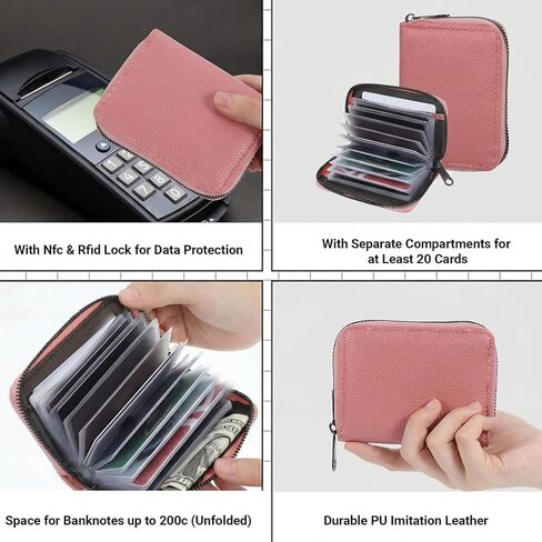 Credit Card Holder for Women Men, PU Faux Leather Debit Card Wallet, RFID Blocking Secure Cards Case, ID Case Organizer Zipper Wallet, Holds Upto 20 Credit for ID, Bank, Business (Pink) in Saudi Arabia
