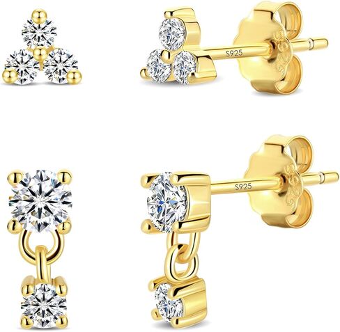 2 Pairs Sterling Silver Moissanite Stud Earrings:14k Gold Plated Delicate Sparkling Round Cut - Silver VVS1 Solitaire Precious Gorgeous Birthday Christmas Valentine's Day Wedding Brides Jewelry Gift Women in Kuwait