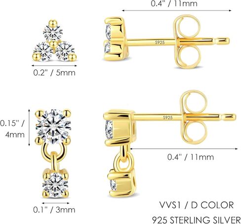 2 Pairs Sterling Silver Moissanite Stud Earrings:14k Gold Plated Delicate Sparkling Round Cut - Silver VVS1 Solitaire Precious Gorgeous Birthday Christmas Valentine's Day Wedding Brides Jewelry Gift Women in Kuwait
