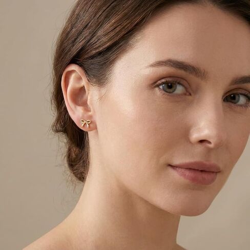 Bow Earrings for Women - 14K Gold Plated Sterling Silver Dainty Bow Stud Earrings for Girls, Small Cute Ribbon Knot Jewelry Gifts for Teen Girls, Hypoallergenic Trendy Coquette Stuff for Her in Saudi Arabia
