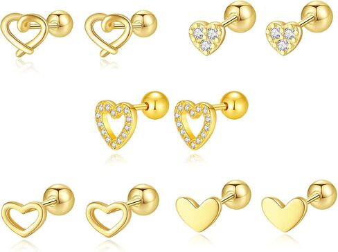 5 Pairs Tiny CZ Heart Stud Earrings for Women Silver Gold-Toned Screw Back Cartilage Studs Love Hearted Earring Tragus Pierced Ear Wedding Jewelry in Saudi Arabia