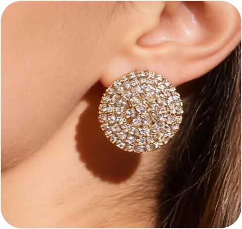 Sparkly Rhinestone Stud Earrings for Women Unique Round Statement Earring Large Crystal Button Earrings Trendy Formal Jewelry Accessories Gifts in Kuwait