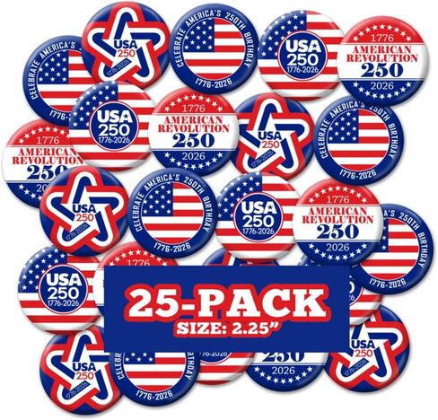 BUTTON DELI 25 Buttons with United States Flag and the USA 250 Semiquincentennial Revolution Celebration, Preppy Pinback Apparel Pins 1776-2026 - 841 in Kuwait