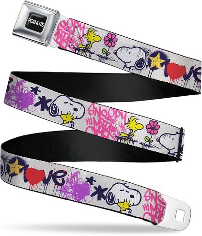 Peanuts Belt, Seatbelt Buckle Belt, Peanuts Snoopy and Woodstock Graffiti Collage Multi Color, Adjustable in Saudi Arabia