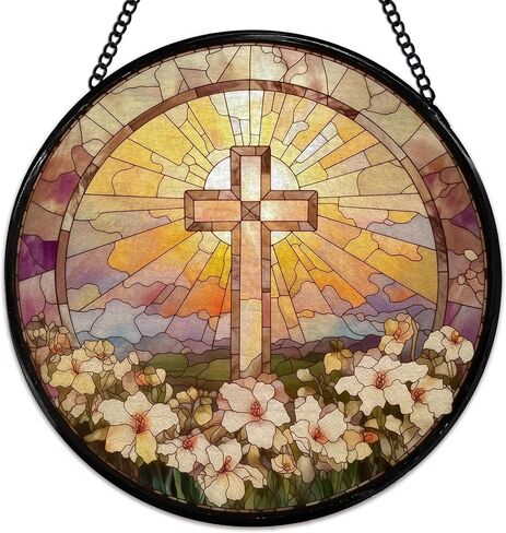 Cross Suncatcher Stained Glass Window Hanging, Christian Cross Floral Sun Catchers Indoor Window Glass Wall Art Decor, Religious Round Wall Hanging Decorations, 7.9x7.9 inch in Saudi Arabia