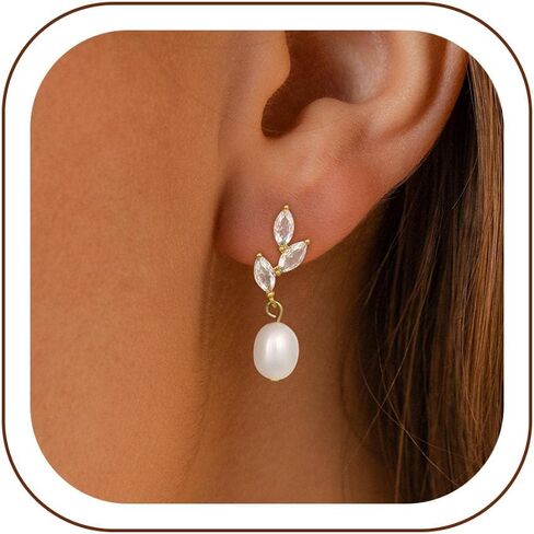 Dainty Gold Pearl Earrings for Women, Trendy 14k Gold Filled Freshwater CZ Leaf Bow Pearl Dangle Drop Earrings Lightweight Hypoallergenic Bridesmaid Stud Earring Wedding Statement Jewelry for Women Gifts in Kuwait