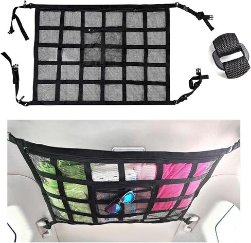 Car Ceiling Cargo Net, 30.3"×21.3" Mesh Auto Ceiling Storage Net with Reinforced Plastic D-Buckle, Storage Pocket Ceiling Mesh with Adjustable Cross Straps, Car Accessories (Plastic S) in Saudi Arabia