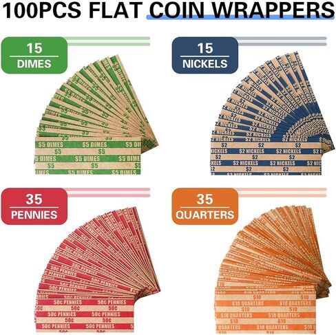 100pcs Assorted Packed Flat Stripped Coin Wrappers, Coin Rolls Wrapper for Quarters, Dimes, Nickels, Pennies in Saudi Arabia