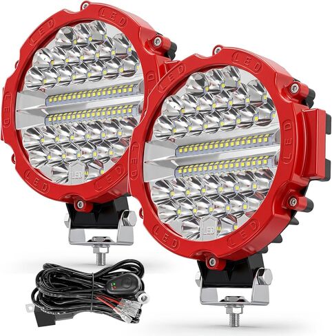 شريط إضاءة LED دائري 7 بوصات، قطعتان من مصابيح LED بقدرة 201 وات، 21000 لومن على الطرق الوعرة، مجموعة شعاع LED، أضواء عمل لشاحنة جرار SUV ATV UTV مع حزام أسلاك، أسود in Kuwait