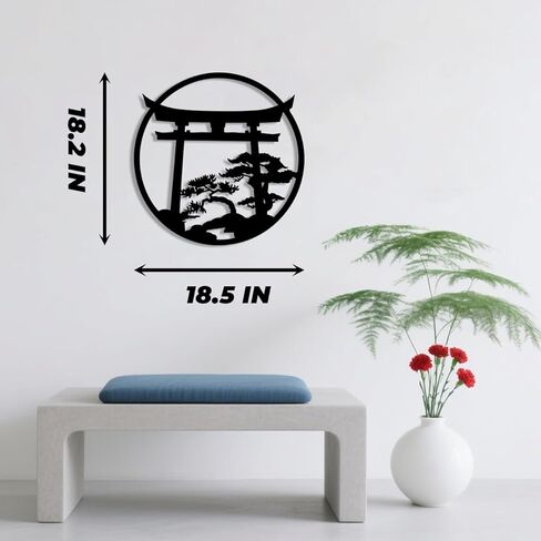 Japanese Wall Art Metal Asian Art Japanese Decor Nature Art Cherry Blossom Tree Torii Gate Religious Wall Decor Shinto Landscape Decoration Home Decor Aesthetics - Black, 18.5x18.2 inch in Saudi Arabia