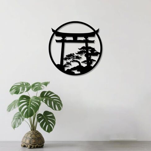 Japanese Wall Art Metal Asian Art Japanese Decor Nature Art Cherry Blossom Tree Torii Gate Religious Wall Decor Shinto Landscape Decoration Home Decor Aesthetics - Black, 18.5x18.2 inch in Saudi Arabia