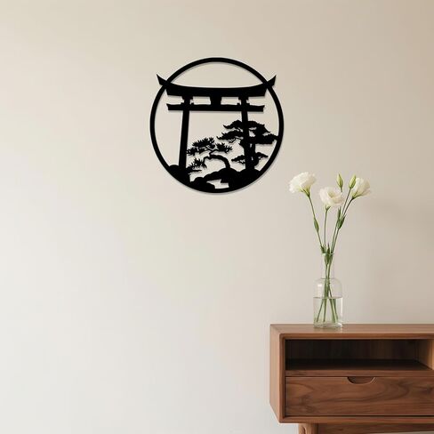 Japanese Wall Art Metal Asian Art Japanese Decor Nature Art Cherry Blossom Tree Torii Gate Religious Wall Decor Shinto Landscape Decoration Home Decor Aesthetics - Black, 18.5x18.2 inch in Saudi Arabia