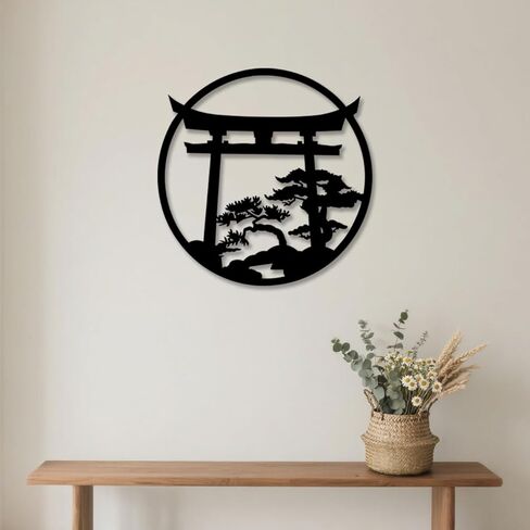 Japanese Wall Art Metal Asian Art Japanese Decor Nature Art Cherry Blossom Tree Torii Gate Religious Wall Decor Shinto Landscape Decoration Home Decor Aesthetics - Black, 18.5x18.2 inch in Saudi Arabia