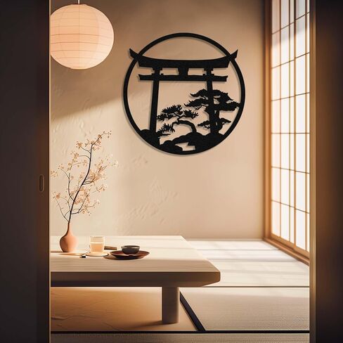 Japanese Wall Art Metal Asian Art Japanese Decor Nature Art Cherry Blossom Tree Torii Gate Religious Wall Decor Shinto Landscape Decoration Home Decor Aesthetics - Black, 18.5x18.2 inch in Saudi Arabia