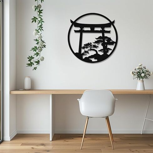 Japanese Wall Art Metal Asian Art Japanese Decor Nature Art Cherry Blossom Tree Torii Gate Religious Wall Decor Shinto Landscape Decoration Home Decor Aesthetics - Black, 18.5x18.2 inch in Saudi Arabia