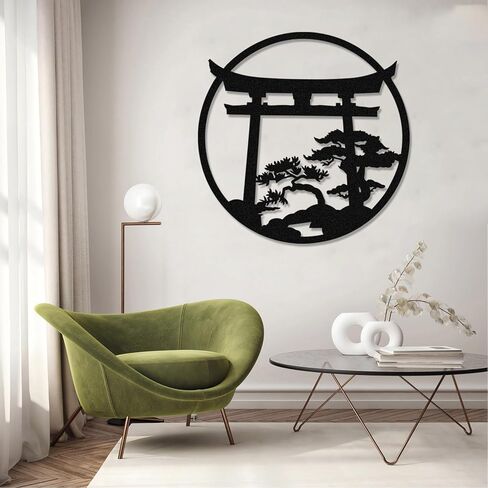 Japanese Wall Art Metal Asian Art Japanese Decor Nature Art Cherry Blossom Tree Torii Gate Religious Wall Decor Shinto Landscape Decoration Home Decor Aesthetics - Black, 18.5x18.2 inch in Saudi Arabia