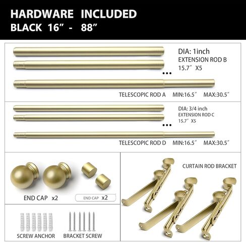 Gold Double Curtain Rods for Windows 16-88 inch, Decorative Curtain Rod Set, Adjustable Heavy Duty Drapery Rod for Bedroom, Livingroom in Kuwait