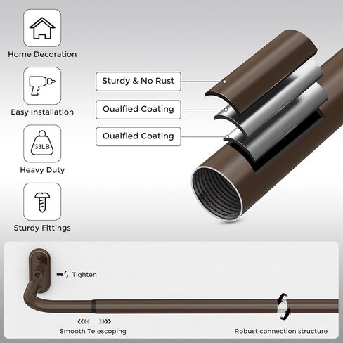 2 حزمة من قضبان الستائر الملفوفة حول البرونز، عمود ستارة معتم للنوافذ من 48 إلى 84 بوصة، قضيب ستائر حديث منحني لتغميق الغرفة مقاس 1 بوصة (برونز/تصميم فريد/جميع المعادن) in Kuwait