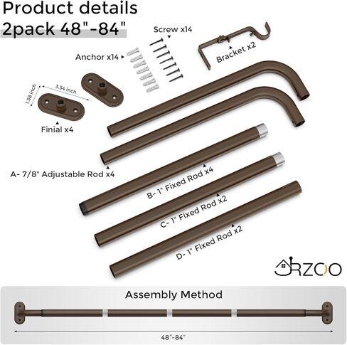 2 حزمة من قضبان الستائر الملفوفة حول البرونز، عمود ستارة معتم للنوافذ من 48 إلى 84 بوصة، قضيب ستائر حديث منحني لتغميق الغرفة مقاس 1 بوصة (برونز/تصميم فريد/جميع المعادن) in Kuwait
