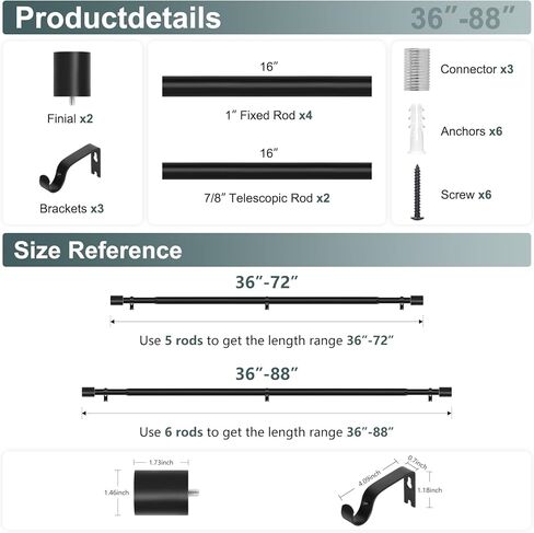 Black Curtain Rods for Windows 48 to 84 Inch(4-7ft),1 Inch Diameter Heavy Duty Curtain Rods,Modern Adjustable Curtain Rod,Cylindrical End Cap Drapery Rods,Window Curtains Rod 36-88",Matte Black in Kuwait