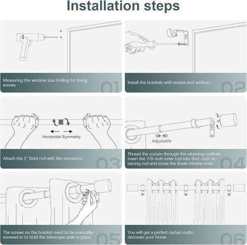 Black Curtain Rods for Windows 48 to 84 Inch(4-7ft),1 Inch Diameter Heavy Duty Curtain Rods,Modern Adjustable Curtain Rod,Cylindrical End Cap Drapery Rods,Window Curtains Rod 36-88",Matte Black in Kuwait