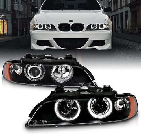AmeriLite Projector Replacement Halogen Headlights Dual LED Halo Set For 97-00 BMW 5 Series E39 Sedan - Passenger and Driver Side in Saudi Arabia