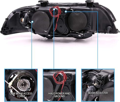 AmeriLite Projector Replacement Halogen Headlights Dual LED Halo Set For 97-00 BMW 5 Series E39 Sedan - Passenger and Driver Side in Saudi Arabia