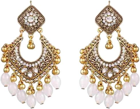 Bollywood Jhumka Earrings for Women Vintage Gold-Tone Plated Chandelier Drop Earring Hook Cubic Zirconia Beaded Design Dangle Tassel Statement Boho Indian Jewelry for Festival Wedding Holiday in Saudi Arabia