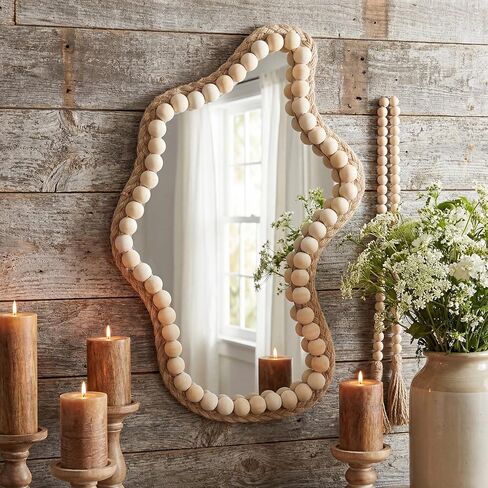 بوهو جدار ديكور مرآة 14 "× 9" مرآة الحائط غير النظامية مزرعة صغيرة ريفي ديكور حبة خشبية معلقة المرايا لغرفة النوم غرفة المعيشة مدخل الغرور فوق الحوض ديكور المنزل الحديث in Kuwait