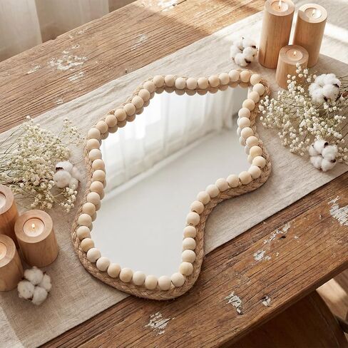 بوهو جدار ديكور مرآة 14 "× 9" مرآة الحائط غير النظامية مزرعة صغيرة ريفي ديكور حبة خشبية معلقة المرايا لغرفة النوم غرفة المعيشة مدخل الغرور فوق الحوض ديكور المنزل الحديث in Kuwait