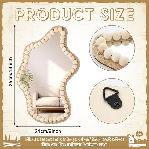 بوهو جدار ديكور مرآة 14 "× 9" مرآة الحائط غير النظامية مزرعة صغيرة ريفي ديكور حبة خشبية معلقة المرايا لغرفة النوم غرفة المعيشة مدخل الغرور فوق الحوض ديكور المنزل الحديث in Kuwait