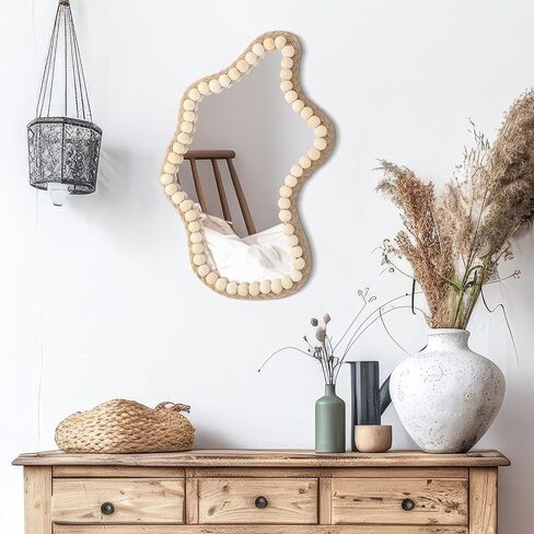 بوهو جدار ديكور مرآة 14 "× 9" مرآة الحائط غير النظامية مزرعة صغيرة ريفي ديكور حبة خشبية معلقة المرايا لغرفة النوم غرفة المعيشة مدخل الغرور فوق الحوض ديكور المنزل الحديث in Kuwait