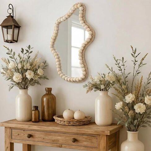 بوهو جدار ديكور مرآة 14 "× 9" مرآة الحائط غير النظامية مزرعة صغيرة ريفي ديكور حبة خشبية معلقة المرايا لغرفة النوم غرفة المعيشة مدخل الغرور فوق الحوض ديكور المنزل الحديث in Kuwait