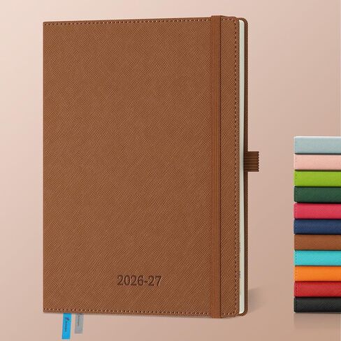 مخطط أسبوعي شهري 2026-2027 (26 يوليو - 27 ديسمبر)، 8.5 بوصة × 6.5 بوصة، خطة جدول أعمال 18 شهرًا مع علامات تبويب للشهر وجيب، صفحات النفقات/الملاحظات، تقويم أكاديمي مع غطاء جلد نباتي، أزرق ترابي in Kuwait