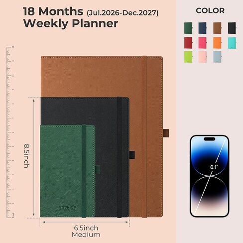 مخطط أسبوعي شهري 2026-2027 (26 يوليو - 27 ديسمبر)، 8.5 بوصة × 6.5 بوصة، خطة جدول أعمال 18 شهرًا مع علامات تبويب للشهر وجيب، صفحات النفقات/الملاحظات، تقويم أكاديمي مع غطاء جلد نباتي، أزرق ترابي in Kuwait