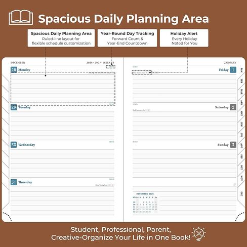 مخطط أسبوعي شهري 2026-2027 (26 يوليو - 27 ديسمبر)، 8.5 بوصة × 6.5 بوصة، خطة جدول أعمال 18 شهرًا مع علامات تبويب للشهر وجيب، صفحات النفقات/الملاحظات، تقويم أكاديمي مع غطاء جلد نباتي، أزرق ترابي in Kuwait