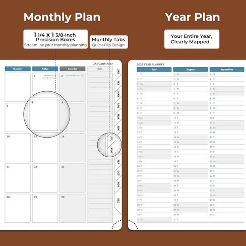 مخطط أسبوعي شهري 2026-2027 (26 يوليو - 27 ديسمبر)، 8.5 بوصة × 6.5 بوصة، خطة جدول أعمال 18 شهرًا مع علامات تبويب للشهر وجيب، صفحات النفقات/الملاحظات، تقويم أكاديمي مع غطاء جلد نباتي، أزرق ترابي in Kuwait