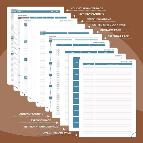 مخطط أسبوعي شهري 2026-2027 (26 يوليو - 27 ديسمبر)، 8.5 بوصة × 6.5 بوصة، خطة جدول أعمال 18 شهرًا مع علامات تبويب للشهر وجيب، صفحات النفقات/الملاحظات، تقويم أكاديمي مع غطاء جلد نباتي، أزرق ترابي in Kuwait