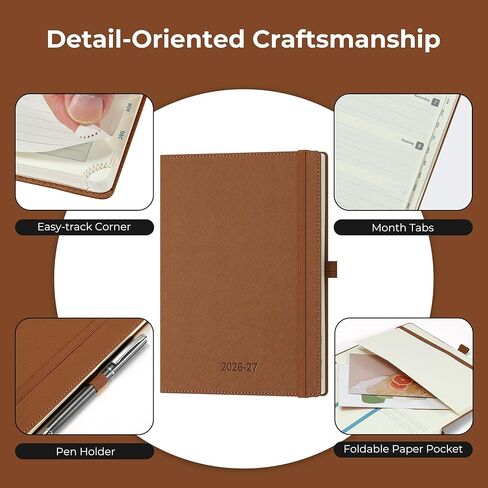 مخطط أسبوعي شهري 2026-2027 (26 يوليو - 27 ديسمبر)، 8.5 بوصة × 6.5 بوصة، خطة جدول أعمال 18 شهرًا مع علامات تبويب للشهر وجيب، صفحات النفقات/الملاحظات، تقويم أكاديمي مع غطاء جلد نباتي، أزرق ترابي in Kuwait