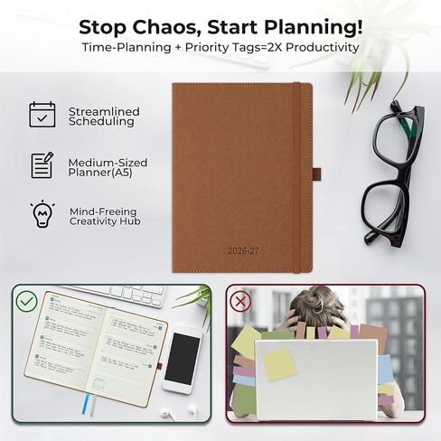 مخطط أسبوعي شهري 2026-2027 (26 يوليو - 27 ديسمبر)، 8.5 بوصة × 6.5 بوصة، خطة جدول أعمال 18 شهرًا مع علامات تبويب للشهر وجيب، صفحات النفقات/الملاحظات، تقويم أكاديمي مع غطاء جلد نباتي، أزرق ترابي in Kuwait