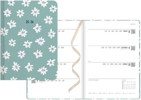 Letts of London® Daisies Academic Weekly/Monthly Planner، أغسطس 2025 إلى يوليو 2026، عرض أسبوعي، تجليد مخيط، متعدد اللغات، مقاس A6، 5.875 بوصة × 4.125 بوصة، نعناعي (C031869-26) in Kuwait