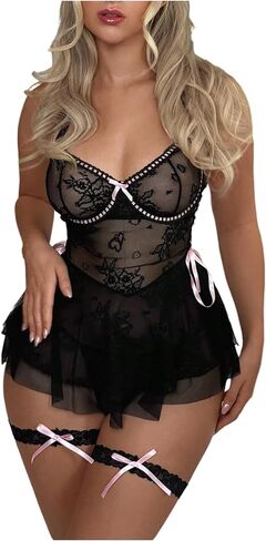 SHENHE Women's Lace Lingerie Dress Chemise Bow Ruffle Sheer Babydoll Nightgown with Leg Garters in Saudi Arabia