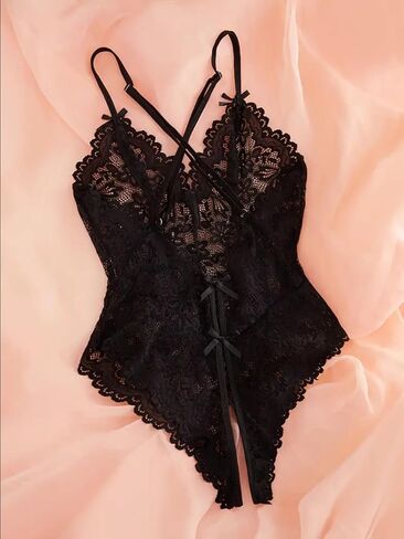 Womens Bodysuit Lace Plus Size Sheer Mesh Romper with Full Coverage, Comfortable Allure Lingerie in Multiple Sizes,Black in Saudi Arabia