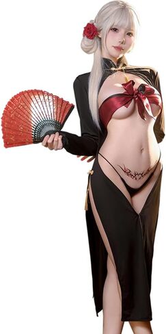 فستان شيونغسام مثير للنساء ملابس داخلية زي طويل على الطراز الصيني أنيمي كوسبلاي لعب الأدوار شفاف من خلال فتحة عالية تشيباو بودي كون قميص نوم بيبي دول ثونغ أسود in Kuwait
